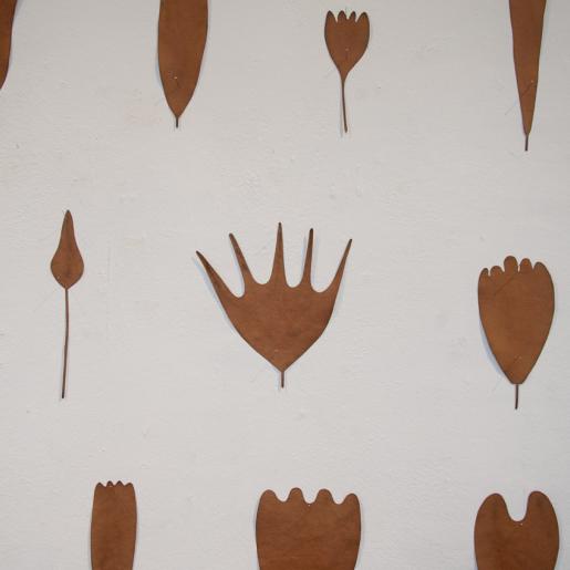 "Scales" (Ausschnitt). Papierschnitte, 64 Teile. Handgeschöpftes Büttenpapier, Kaffee, Schelllack. Verschiedene Maße, Höhen 10 – 36 cm, 2016